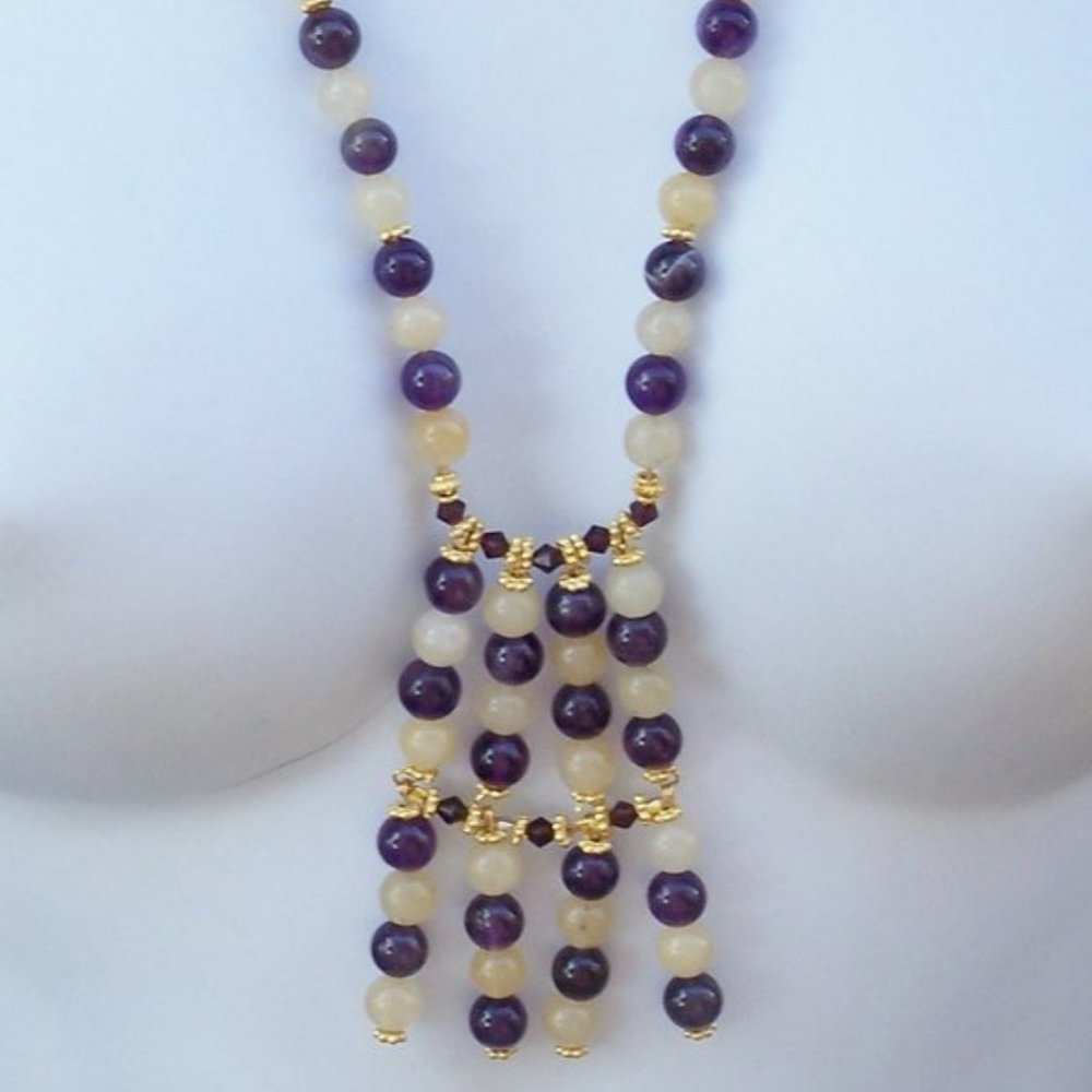 Handmade Amethyst Bead Statement Necklace with Yellow Moonstone Beads 26 Inches
